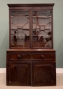 MAHOGANY SECRETAIRE BOOKCASE circa 1840, (for restoration), twin 15 pane astragal glazed doors,