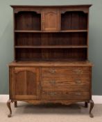 VINTAGE OAK DRESSER, central cupboard three shelf rack, single cupboard door, three drawer base,