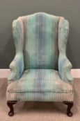 VINTAGE RE-UPHOLSTERED WINGBACK ARMCHAIR, blue striped chenille, oversized seat, Queen Anne front