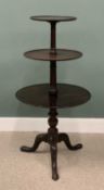 VICTORIAN MAHOGANY THREE-TIER DUMBWAITER, dished circular trays, turned dividing columns, tripod