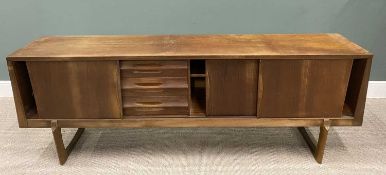 EON MID CENTURY TEAK LONG SIDEBOARD, three sliding cupboard doors, interior shelves, three opening