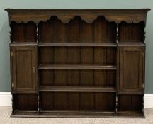 VINTAGE OAK DRESSER TOP/DELFT RACK, shaped upper apron, twin outer cupboard doors, large and small