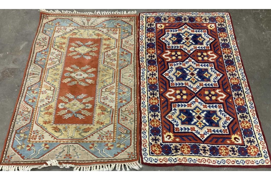 TWO EASTERN STYLE WOOLLEN RUGS, colourful red grounds, central repeating block pattern, one with - Image 1 of 5