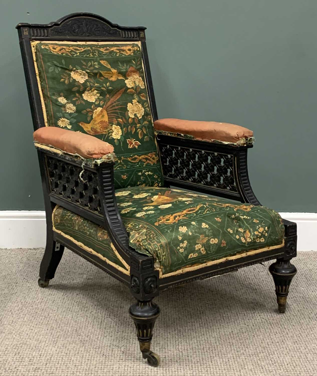 TWO VICTORIAN PARLOUR CHAIRS, comprising aesthetic movement style ebonised and gilt armchair, - Image 6 of 7