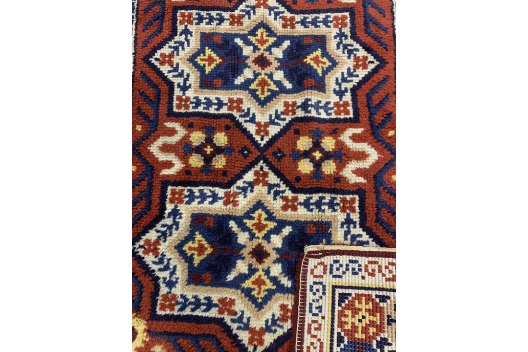 TWO EASTERN STYLE WOOLLEN RUGS, colourful red grounds, central repeating block pattern, one with - Image 4 of 5