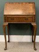 BURR WALNUT LADY'S BUREAU, crossbanded fall front, interior drawer and pigeonholes, single frieze