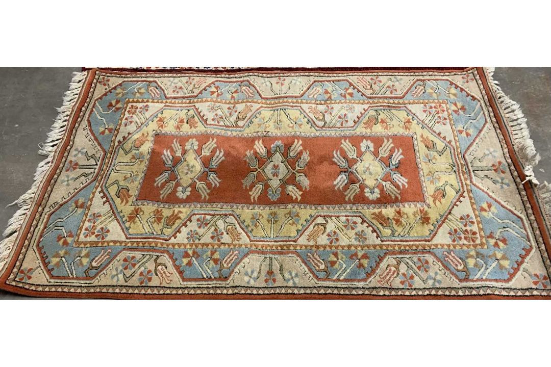 TWO EASTERN STYLE WOOLLEN RUGS, colourful red grounds, central repeating block pattern, one with - Image 2 of 5
