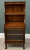 REPRODUCTION MAHOGANY BOOKCASE CABINET, carved three quarter top rail, three open shelves, shaped