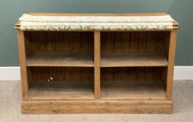VICTORIAN STRIPPED PINE STORAGE BASE UNIT, brass front bar with hanging curtain, four interior