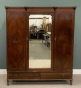 MAHOGANY TRIPLE WARDROBE circa 1900, capped pillar detail to the corners, walnut crossbanded quarter