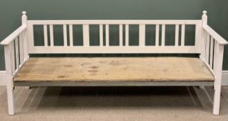 VINTAGE DAY BED frame only, white-painted, slatted arm uprights and drop-down back, iron central