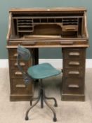 VINTAGE OAK ROLL TOP DESK & A 'TAN SAD' SWIVEL OFFICE CHAIR, tambour slatted fall, interior
