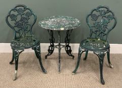 THREE PIECE CAST METAL GARDEN/CONSERVATORY SET comprising circular top table, 66cms (h), 57cms top