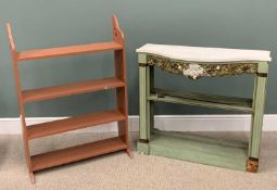 VINTAGE MARBLE TOP PIER CONSOLE & A PAINTED OPEN BOOKSHELF, shaped white marble, cherubic and