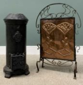 CAST IRON CYLINDRICAL STOVE & AN ARTS & CRAFTS STYLE FIRESCREEN, wrought iron and copper firescreen,