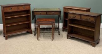 REPRODUCTION FURNITURE comprising five items of sofa table, twin-flap, gilt tooled green leather