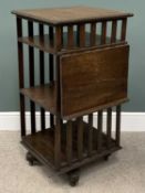 OAK REVOLVING BOOKCASE circa 1930, with fold-out bookstand, rope twist upper edge detail, quatrefoil