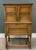 OAK HUTCH CUPBOARD, twin upper doors, blind fretwork detail, drop-down cupboard front base, turned