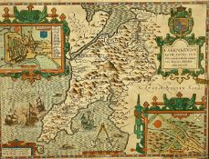 JOHN SPEED coloured engraved map of Caernarvon, both Shyre and Shire-towne with the ancient citie
