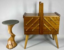 VINTAGE CANTILIVER SEWING BOX WITH CONTENTS & A TURNED WOOD WITH SLATE TOP OCCASIONAL TABLE, 61 (