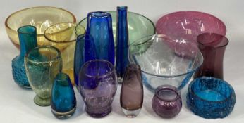 WHITEFRIARS & OTHER GLASSWARE, including turquoise textured vase, 18cms (h) shallow bowl, 13cms (