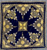 ANTIQUE BLUE VELVET GYPSY TABLE COVER, embroidered in gold and silver thread, 78 x 72cms Provenance: