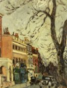 GEORGE HANN (British) oil on board - colourful continental street scene, cars in foreground, tree to