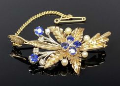 9CT YELLOW & WHITE GOLD BLUE SAPPHIRE, DIAMOND & SEED PEARL FLORAL SPRAY BROOCH, London 1961, 5 x
