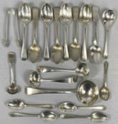 GEORGE III / VICTORIAN COLLECTION OF SILVER SPOONS, SAUCE LADLES & SUGAR TONGS, 15, 3 and 1