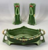EICHWALD SECESSIONIST GARNITURE SET, green glazed and moulded with stylised floral motifs, impressed