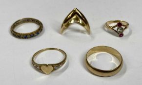 FIVE 9CT GOLD RINGS, ruby and paste, size H, cased set eternity, mid Q - R, heart ring, mid Q - R,