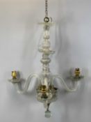 A VINTAGE GLASS THREE BRANCH CHANDELIER with swan neck arms, 54 (h) with various glass chandelier