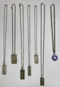SIX SILVER INGOT NECKLACES & ONE OTHER, presumed silver fob medallion with blue enamel ring