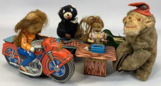 JAPANESE TIN PLATE CLOCKWORK TOYS, Miss Busy-Bee the Typist, 14cms (h), motorcyclist, 15cms (h),