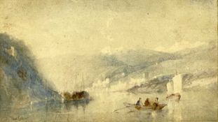 THOMAS COLLIER (English 1840-1891) watercolour - Continental harbour view with figures in rowing
