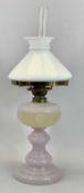 VICTORIAN PINK OPAQUE GLASS OIL LAMP Gaudard single burner, conical white opaque glass shade,