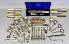 THREE SILVER TOP BOTTLES/JARS, VICTORIAN & LATER SILVER PLATED CUTLERY ETC. to include a cased