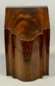 GEORGIAN MAHOGANY KNIFE BOX, sloped front, boxwood inlays, serpentine front detail, interior with