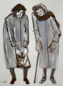 ‡ KAREL LEK acrylic on paper - two ladies chatting, entitled verso 