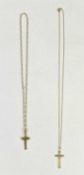 TWO 9CT GOLD CROSSES, the larger on a 9ct gold belcher link necklace, the cross stamped 9-375 to the
