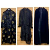 VINTAGE/ANTIQUE COSTUME, a 1920s black net flapper dress, matching top with fur cuffs and head