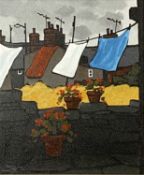 ‡ STEPHEN JOHN OWEN oil on canvas - flowering pots and washing, entitled 