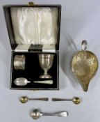 SMALL SILVER/WHITE METAL SELECTION, comprising cased three piece egg cup, napkin ring and spoon set,
