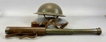 BRITISH MILITARIA WWII PERIOD ARMY HELMET, stamped 1939, and a Broadhurst Clarkson & Co. leather