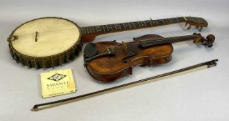 VINTAGE BANJO FIVE-STRING, 91cms L overall, in case, and a vintage violin, 38cms two-piece back,