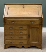 VINTAGE OAK BUREAU, circa 1910, panelled sloped fall, Rexine interior writing surface, green painted