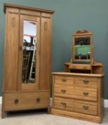 SATIN PINE BEDROOM FURNITURE, comprising single mirrored door wardrobe, blind fretwork panel detail,