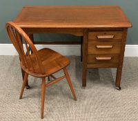 VINTAGE OAK DESK & CHAIR, upper slide, three opening drawers, open end square upright, modern