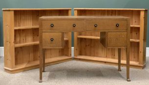 VINTAGE OAK KNEE-HOLE DESK & TWO MODERN PINE BOOKSHELVES, two long, two short drawers, ebonised