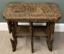 CARVED INDIAN HARDWOOD SIDE TABLE, rectangular top, cut off corners, leaf carved frieze, elephant